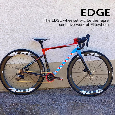Road bike with 65mm carbon wheelset, featuring ceramic bearings and disc brakes for ultralight performance, in vibrant colors.