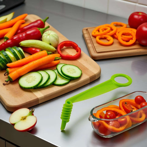 Green handheld spiral slicer, plastic kitchen tool with cucumber slices and carrot sticks on a cutting board.