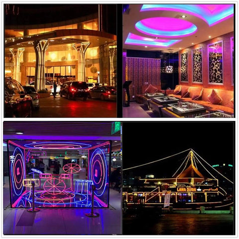 Lit 360 Degree Neon LED Light Strip outlining modern architecture and interior décor in vibrant colors