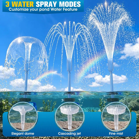 3 water spray modes from 2 In 1 Pond Filter With Pump And Fountain Lights For Koi Ponds Includes Auto Water Sensor And 16 Ft Hose Dark Blue With 3 Adjustable Spray Modes Easy Install No Fuss Setup And Low Maintenance above a pond with rainbow and blue sky