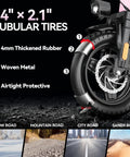 Close-up of Folding Electric Bike For Adults With 800W Peak Motor Up To 20 MPH, showing 14-inch tubular tire and terrain types.