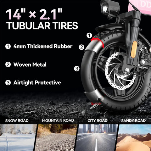 Close-up of Folding Electric Bike For Adults With 800W Peak Motor Up To 20 MPH, showing 14-inch tubular tire and terrain types.