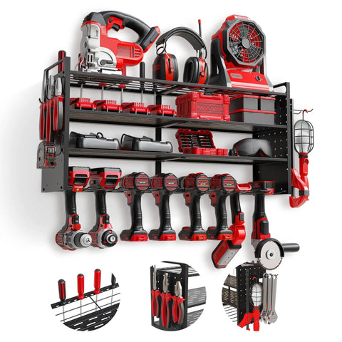 Heavy Duty Power Tool Organizer Wall Mount With Three Shelves Eight Drill Holders And Bit Holder With 300 Lb Capacity Pegboard Sides Garage Tool Storage Rack For Home Workshop Or Pro Shop installed with tools