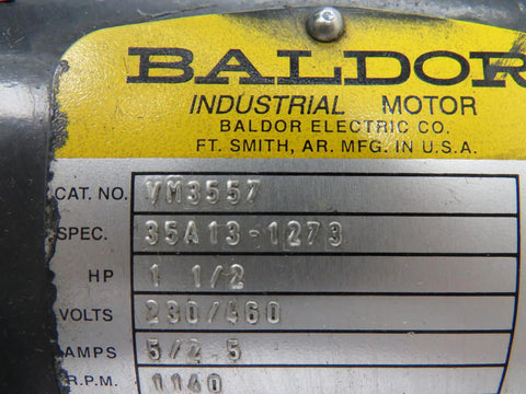 Label on Used General Purpose Industrial Motor VM3557 56C TEFC showing specifications, horsepower, and voltage.