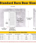 Diagram of barn door sizes including 30 Inch By 84 Inch Mirrored Barn Door Set With 3 Lite Mirror Panels, showing measurements and instructions.