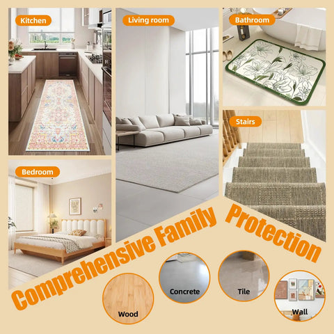 Various rooms showcasing the use of 16 Pack Rug Tape Double Sided Carpet Tape Pads Grippers for rugs on wood and tile floors.