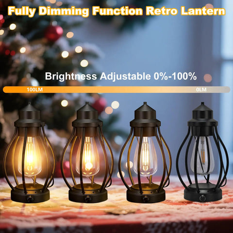 Four stages of dimming on Two Pack Battery Powered LED Lanterns With Dimmerable Warm White Edison Bulbs Vintage Oil Lantern Look