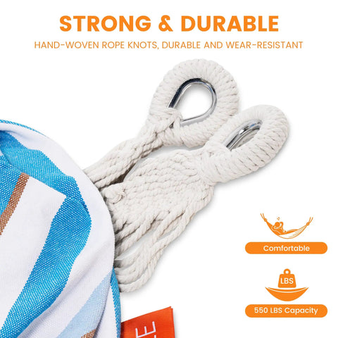 Close-up of hand-woven rope knots of a blue and light gray Double Brazilian Cotton Hammock Portable Outdoor Camping Hammock with tree straps.