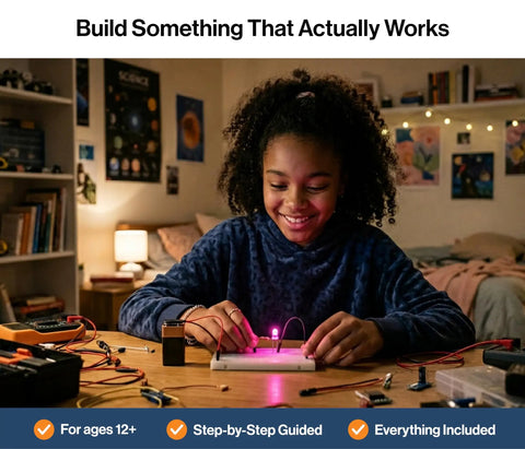 Electronics Starter Kit With Step By Step Video Lessons For Beginners Arduino Compatible Board Sensors LEDs And Servos Learn Electronics And Coding Through Hands On Projects And Real World Tutorials, girl using LED project