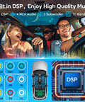 Group enjoying music with Dope 10.1 Inch QLED Double Din Car Stereo With Wireless CarPlay And Android Auto in vehicle interior
