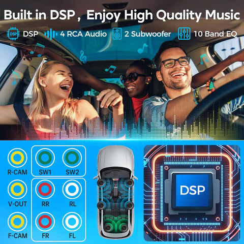 Group enjoying music with Dope 10.1 Inch QLED Double Din Car Stereo With Wireless CarPlay And Android Auto in vehicle interior