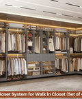 Kickass Heavy Duty U Shaped Walk In Closet Organizer With Four Massive Drawers Ten Reliable Hanging Rods And Six Flexible Shelves Built Like A Tank For Mad Storage Space Finished In Trendy Morandi Grey To Keep Your Bedroom Looking Clean in a well-organized closet system.