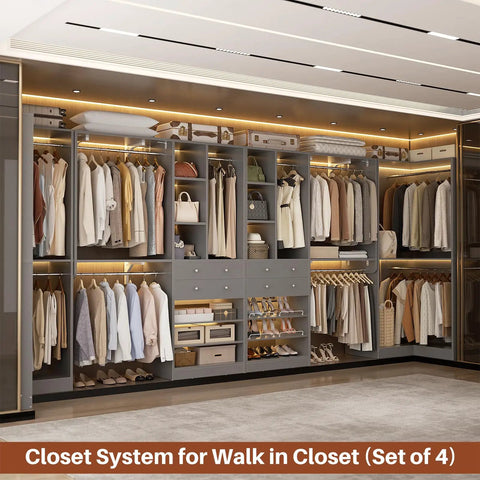 Kickass Heavy Duty U Shaped Walk In Closet Organizer With Four Massive Drawers Ten Reliable Hanging Rods And Six Flexible Shelves Built Like A Tank For Mad Storage Space Finished In Trendy Morandi Grey To Keep Your Bedroom Looking Clean in a well-organized closet system.