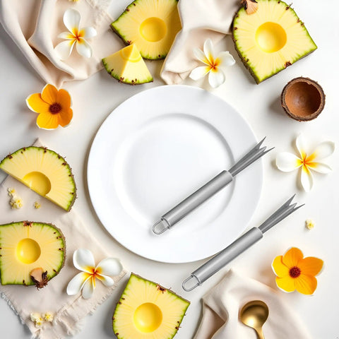 Stainless steel V-shape cutters on plate, surrounded by sliced pineapples and flowers, for Two Pack Stainless Steel Pineapple Eye Peeler And Remover Tool, V Shape Eye Cutter For Easy Pineapple Eyes, No Fuss Kitchen Gadget For Home Use, Premium Dual Pack For Quick Pineapple Eye Removal.