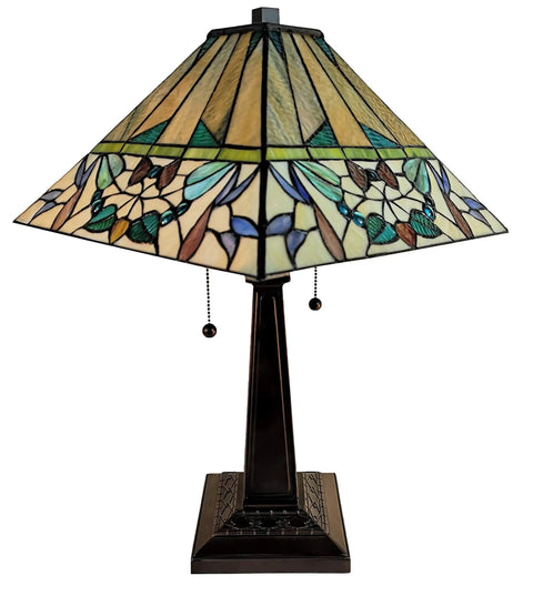 Banker Mission Style Table Lamp With Stained Glass Shade In Tan Green Purple Red White Vintage Handmade Gift 22 Inch Tall AM309TL14B