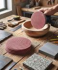 Super Cool 5 inch Mesh Sanding Discs With Hook And Loop Backing, 240 Grit Fine Aluminum Oxide For Wood and Metal Project Dust Free Set of 50 on workbench.