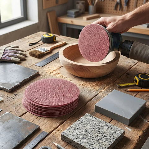 Super Cool 5 inch Mesh Sanding Discs With Hook And Loop Backing, 240 Grit Fine Aluminum Oxide For Wood and Metal Project Dust Free Set of 50 on workbench.