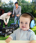 Baby wearing blue Baby Ear Protection Headphones With Noise Canceling Earmuffs For Infants Ages 3 Months To 3 Years Blue in garden.