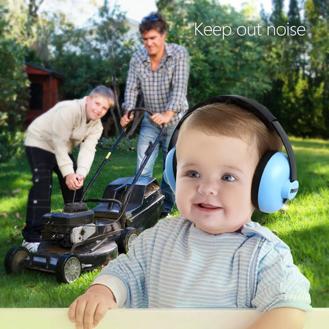 Baby wearing blue Baby Ear Protection Headphones With Noise Canceling Earmuffs For Infants Ages 3 Months To 3 Years Blue in garden.