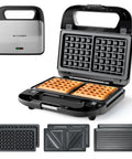 Keinve 3 In 1 Sandwich Maker And Waffle Iron with removable plates showcasing waffles in a compact black design.