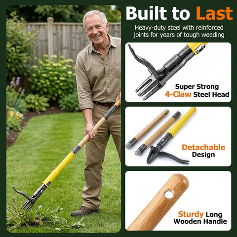 Stand Up Weed Puller With Slide Release Ejection for Clean No Touch Weeding in Lawn and Garden with metal claws and wooden handle