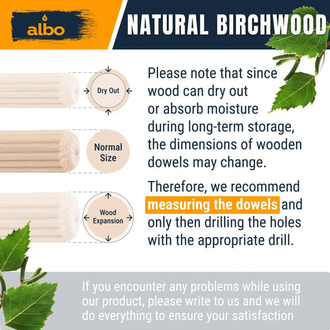 Top Shelf Kiln Dried Birch Dowel Pins measuring guide image with natural birchwood details and tips for use.