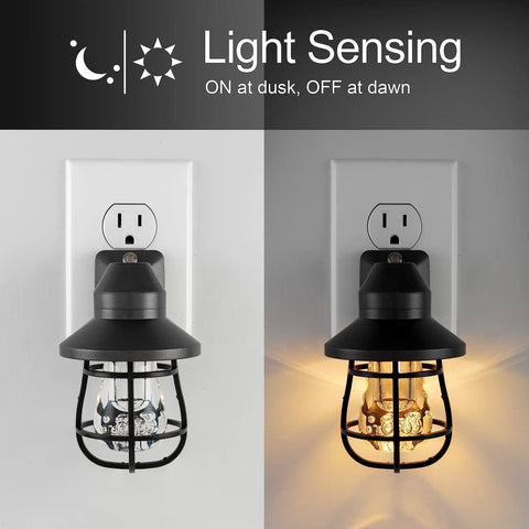 Vintage LED Night Light Plug In Dusk To Dawn Sensor For Farmhouse Decor Cozy Vibe Mood Lighting And Ambient Home Lighting In Bedroom Bathroom Kitchen Hallway Black 1 Pack shown in a light-sensing demonstration.