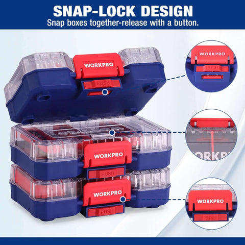 Side view of Three Piece Small Parts Organizer Set With Portable Stackable Hardware Storage Case Removable Dividers And Clear Lid