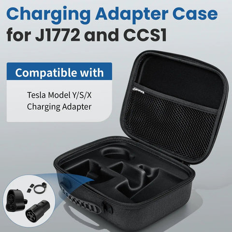 Premium Fit EV Charge Adapter Case Compatible With Tesla Model Y S X 3 with custom molded pockets for J1772 CCS1 plugs.