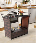 Patio Wicker Bar Cart With Wheels Ice Bucket Outdoor Rolling Beverage Counter Table Glass Top Modern Rattan Wine Serving Cart