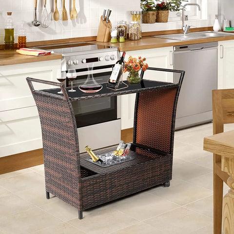 Patio Wicker Bar Cart With Wheels Ice Bucket Outdoor Rolling Beverage Counter Table Glass Top Modern Rattan Wine Serving Cart