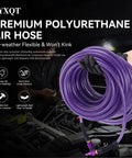Badass Heavy Duty 100 Ft 1/4 Inch Reinforced Polyurethane Air Hose With Flexible Lightweight Build Featuring Swivel Quick Coupler Plug Plus Bend Guard For Shop Setup, coiled and held by gloved hand.