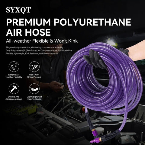 Badass Heavy Duty 100 Ft 1/4 Inch Reinforced Polyurethane Air Hose With Flexible Lightweight Build Featuring Swivel Quick Coupler Plug Plus Bend Guard For Shop Setup, coiled and held by gloved hand.