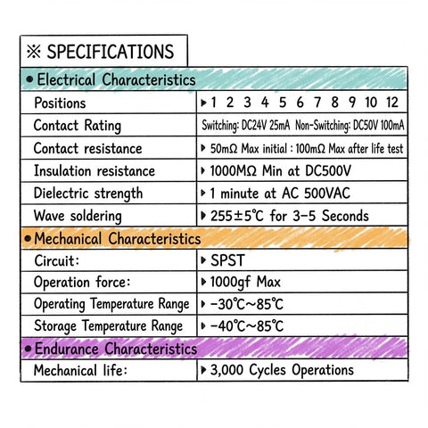 Specifications table for Red Dip Switch Kit For Breadboards, featuring electrical, mechanical, and endurance characteristics.