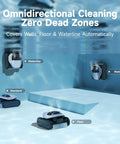 Heavy Duty Cordless Robotic Pool Cleaner with Badass 8000 GPH Suction and Waterline Scrubbing cleaning pool walls and floor.