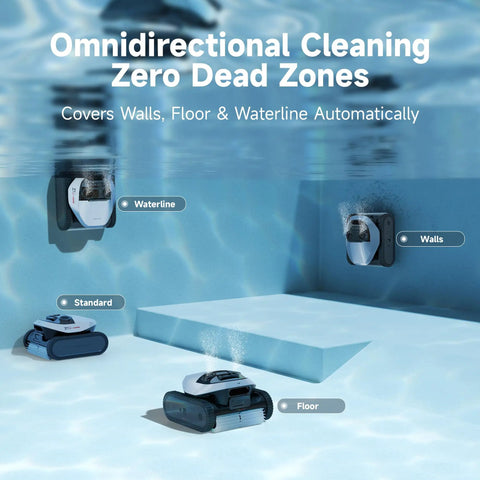 Heavy Duty Cordless Robotic Pool Cleaner with Badass 8000 GPH Suction and Waterline Scrubbing cleaning pool walls and floor.