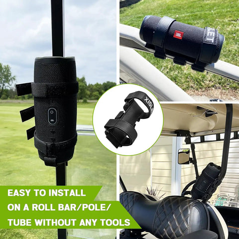 Heavy Duty Portable Speaker Mount With Adjustable Straps For Golf Cart Atv Motorcycle And Bike on roll bar, fitting JBL speaker.