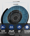 10 Pack Premium Zirconia Flap Disc 40 Grit Type 29 for 4.5 Inch Angle Grinder showing dimensions and specifications