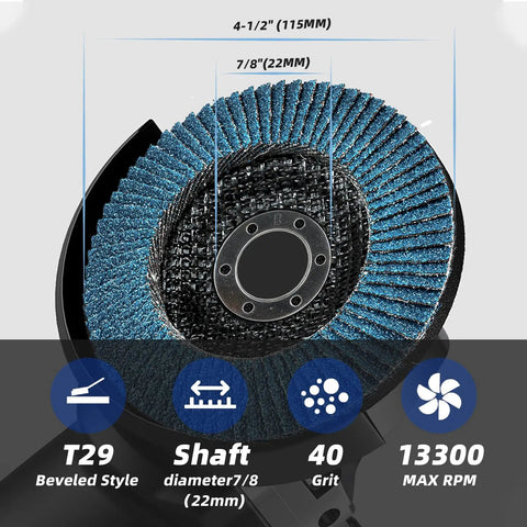 10 Pack Premium Zirconia Flap Disc 40 Grit Type 29 for 4.5 Inch Angle Grinder showing dimensions and specifications