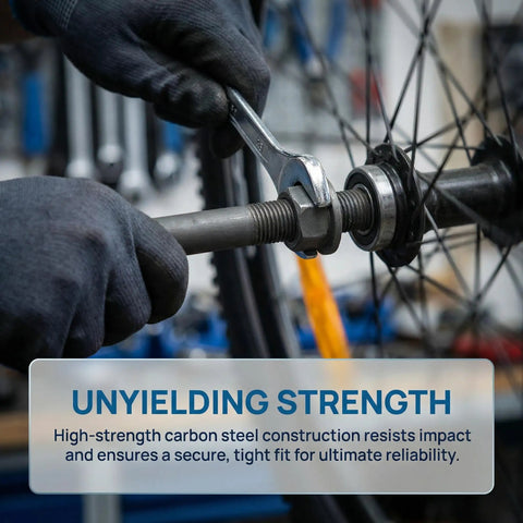 Mechanic using wrench on Beefy 180mm Mountain Bike Rear Axle With Titanium Alloy Shaft Hollow Hub And Ball Bearing Kit for repair