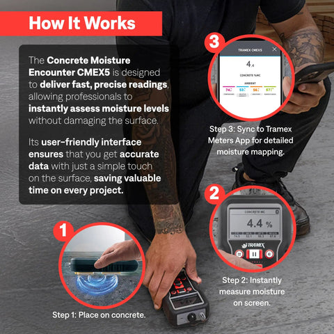 Non Destructive Digital Moisture Meter For Concrete And Wood With CMEX5, Instant Moisture Content And Relative Humidity Readings, Pin And RH Probes, Cool Quick Tool For Slabs, Flooring, Screeds, And Building Materials. Tramex CMEX5 on concrete