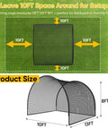 Diagram showing Compact Backyard Batting Cage For Baseball And Softball Practice Portable Net With Sturdy Frame And Carry Bag 13 X 10 X 8 Ft dimensions and setup space.