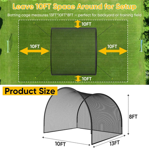 Diagram showing Compact Backyard Batting Cage For Baseball And Softball Practice Portable Net With Sturdy Frame And Carry Bag 13 X 10 X 8 Ft dimensions and setup space.