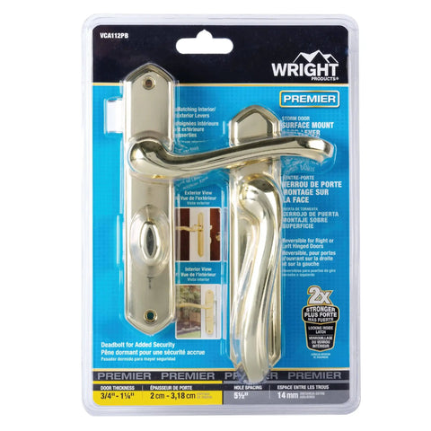 Packaging of Castellan Surface Lever Latch With Deadbolt For Screen And Storm Doors Polished Brass Night Latch shown