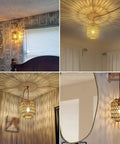 Handcrafted Boho Rattan Plug In Pendant Light With Six Watt Led Bulb And Warm 3000k Glow Featuring A Handy Dimmer Switch Plus Fifteen Foot Cord in cozy bedroom setting.