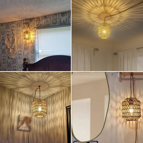 Handcrafted Boho Rattan Plug In Pendant Light With Six Watt Led Bulb And Warm 3000k Glow Featuring A Handy Dimmer Switch Plus Fifteen Foot Cord in cozy bedroom setting.
