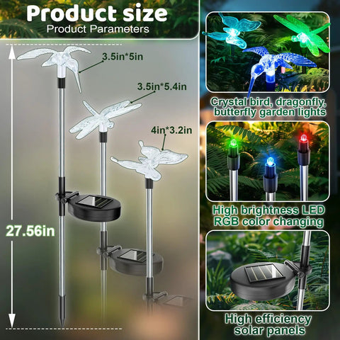 Solar Garden Lights Outdoor Set Of 6 Insect Stake Lights with LED Beams showing crystal dragonfly and butterfly design