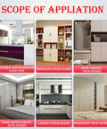 Illustration showing various applications in kitchen, bathroom, bookcase, shoe cabinet, home improvement, and wardrobe door boards