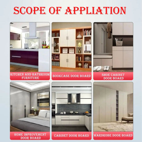 Illustration showing various applications in kitchen, bathroom, bookcase, shoe cabinet, home improvement, and wardrobe door boards
