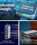 Five-Port Unmanaged Industrial Gigabit Ethernet Switch For DIN Rail Mount with industrial-grade chip and wide temperature range.